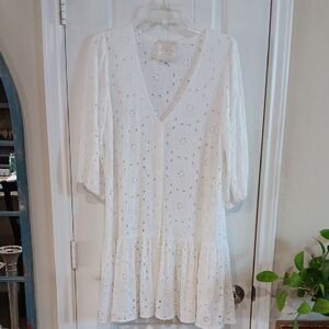 Johnny Was JADE White V-Neck 3/4 Bishop Sleeve Dress Button Front Eyelet BOHO
